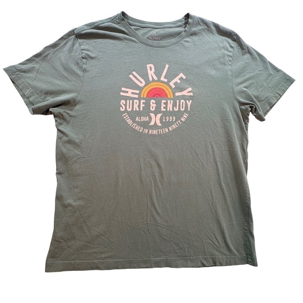 Hurley Surf & Enjoy Graphic T-Shirt Mens Large Green Cotton Short Sleeve Tee